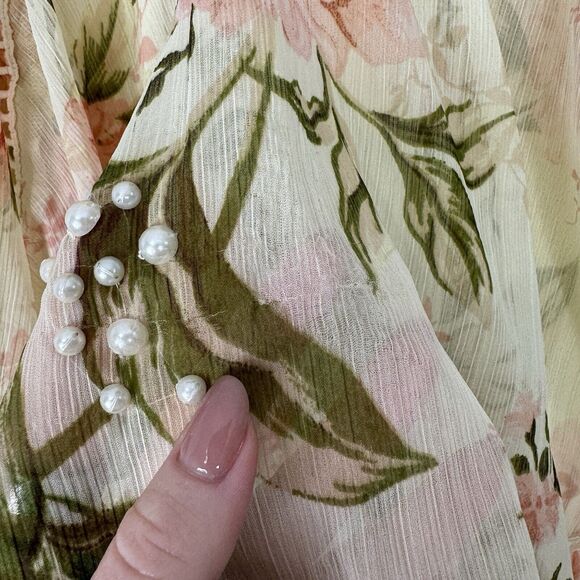 ASOS Design Womens Dress 4 Yellow Pearl Embellished Floral Tiered Fairy Boho - Picture 4 of 16